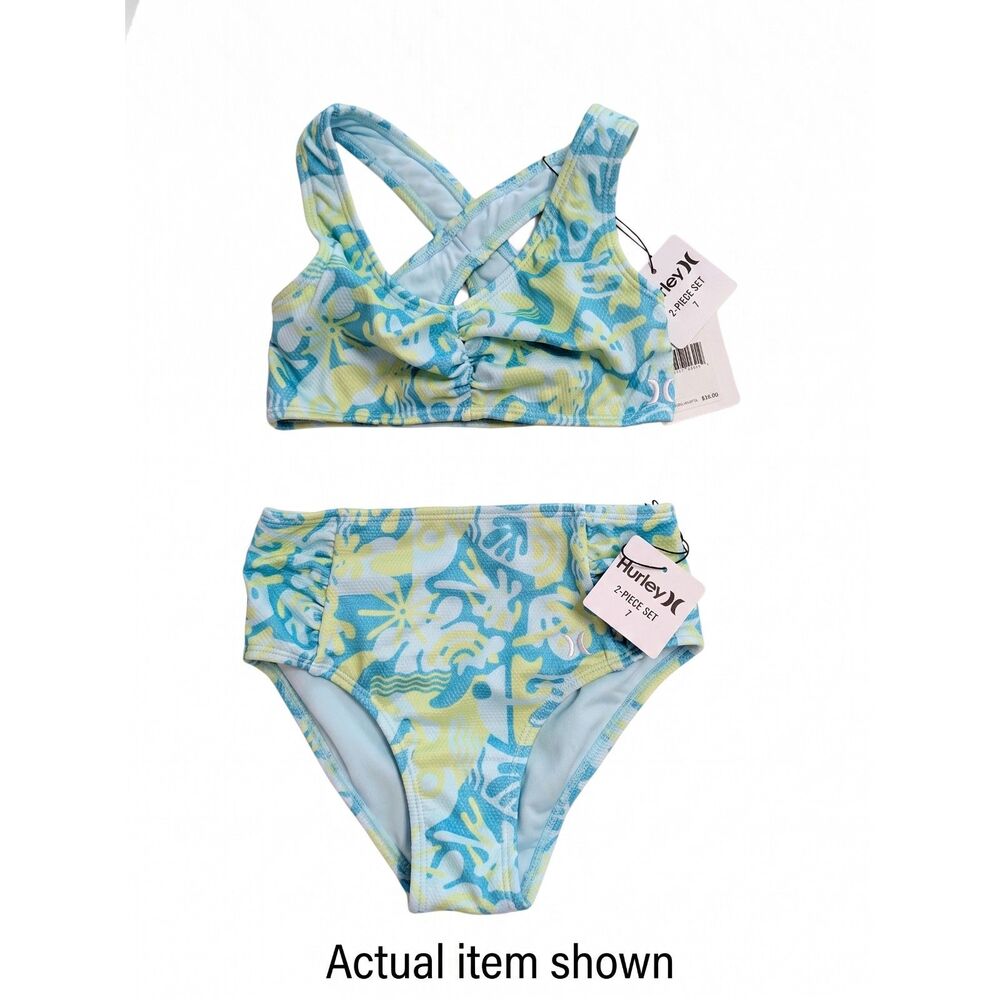 🌊 Hurley Girls 2-Piece Swimsuit Set Teal Lime Floral Size 7 (8-9 YRS) NWT - Picture 2 of 6